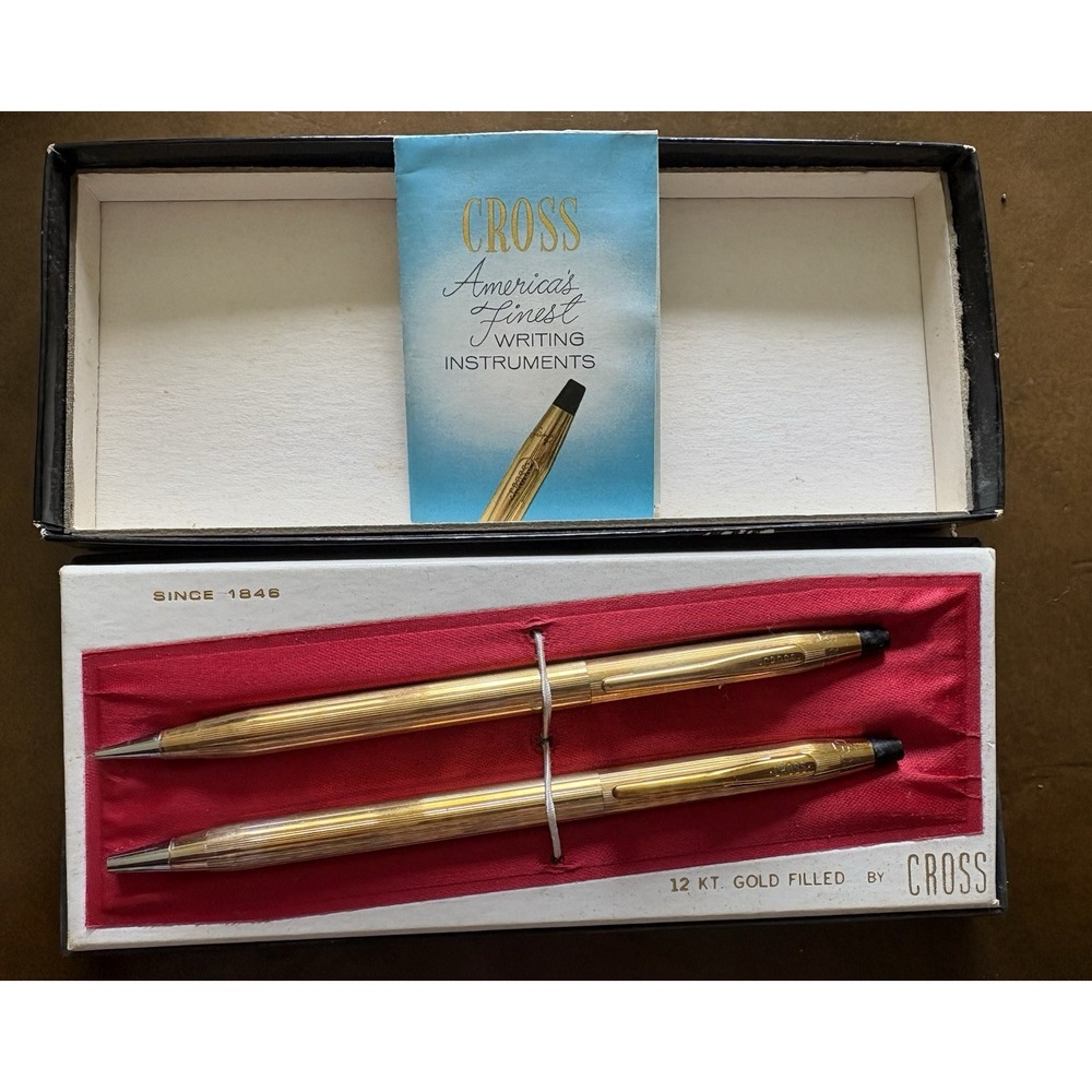 Vintage Cross 12k Pen & Pencil Set In Original Box W/ Paperwork Both Work USA